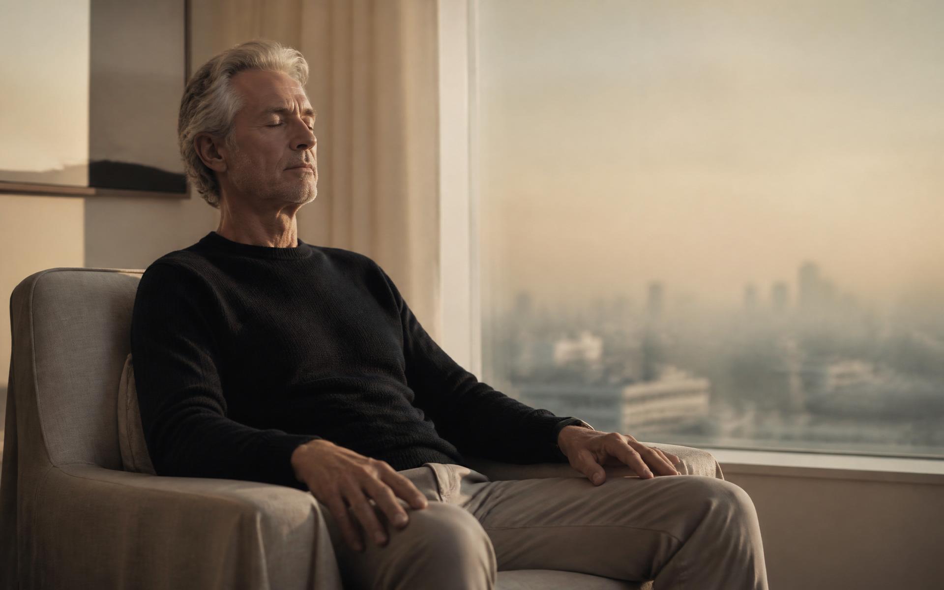 A man sits in an armchair by a window at dawn, eyes softly closed.